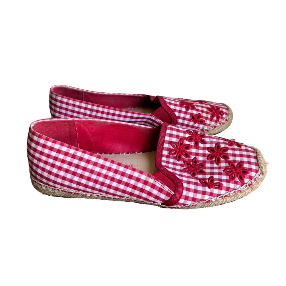 Isaac Mizrahi Live Red Gingham Floral Eyelet Espadrille Flats Womens 9M